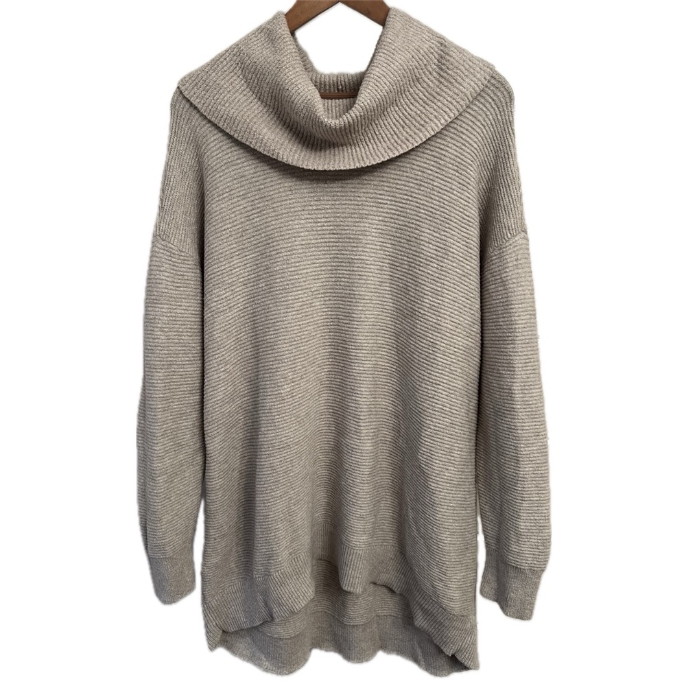LOFT Plus Sweater Cowl Neck Ribbed High Low Tunic Taupe Oatmeal Beige 16 18